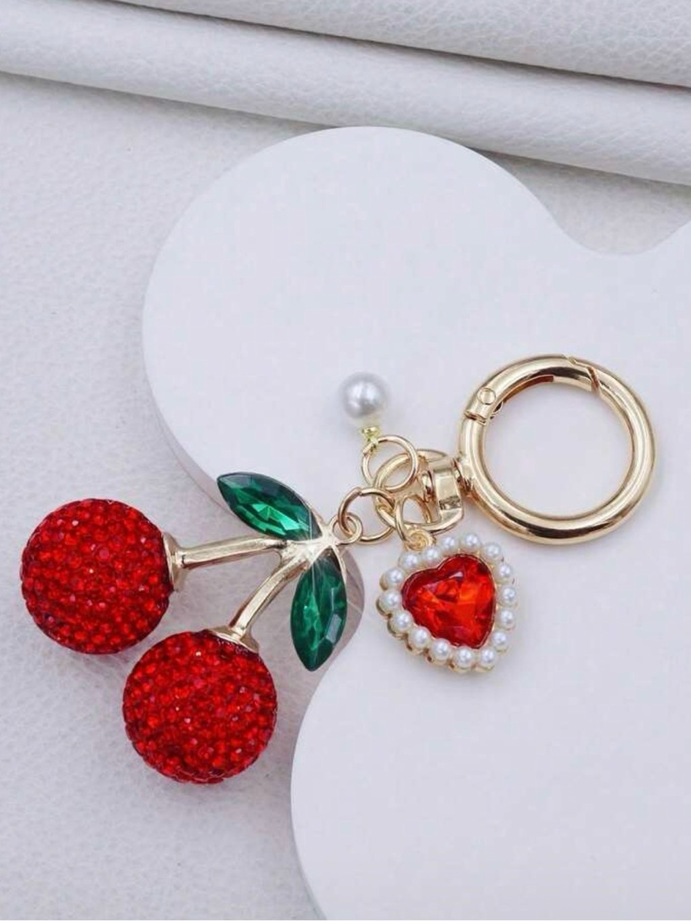 Gold Cherry Crystal Keychain with Red Heart Charm